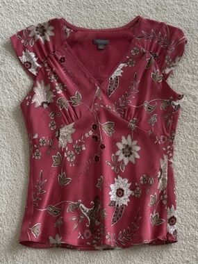 Ann Taylor Pink Floral Y2K Silk Babydoll Blouse | Size 2P